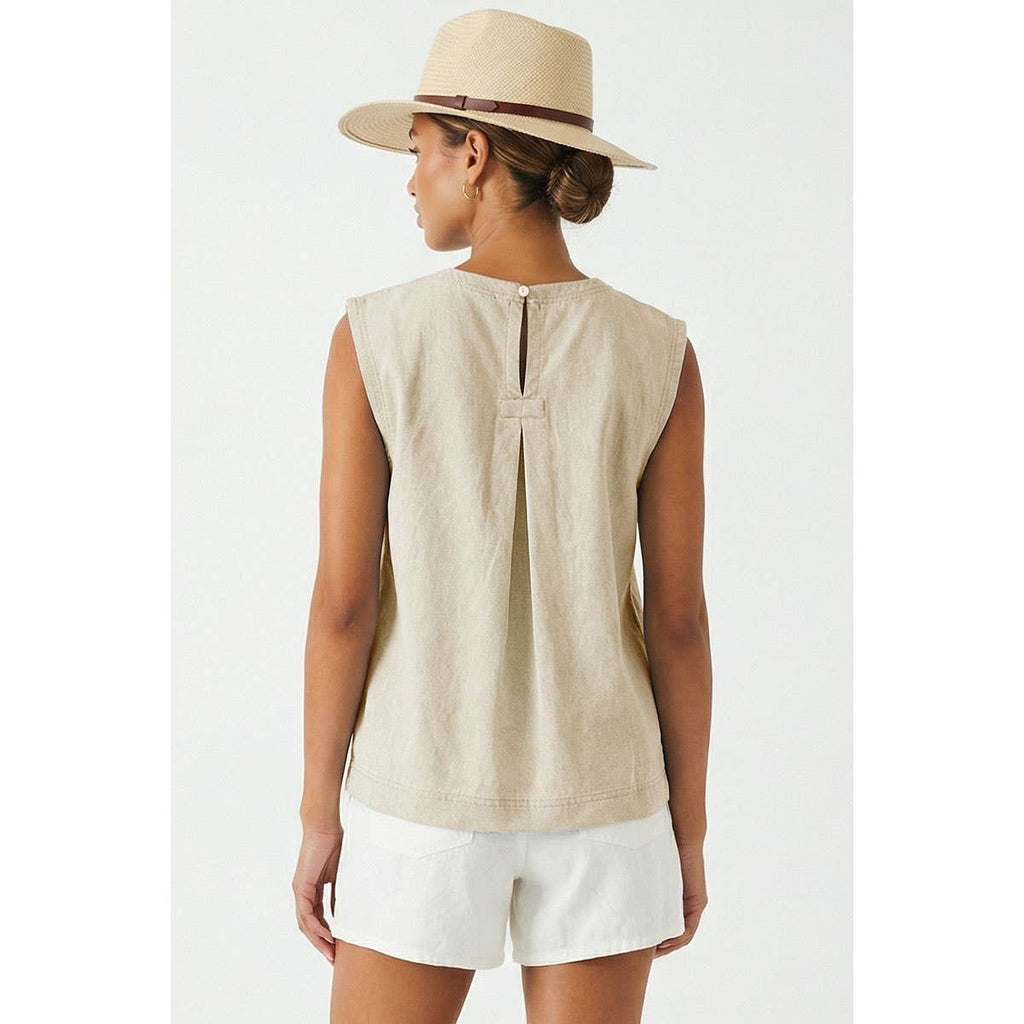 Round Neck Garment Wash Sleeveless Top: Tan / S-M-L(2-2-2)
