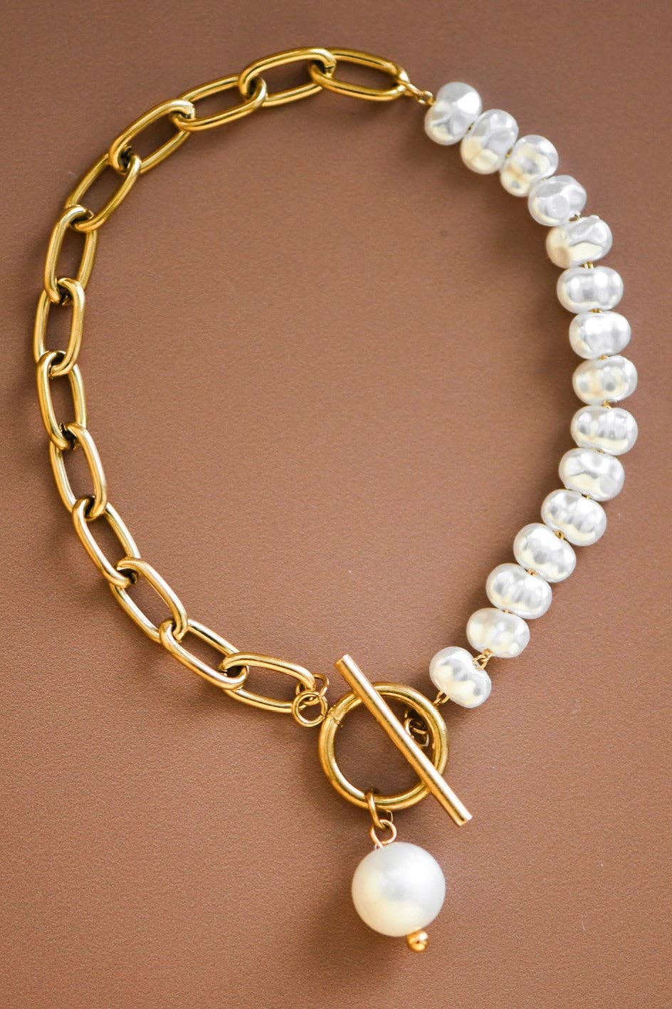 18K Gold Plated Waterproof Stainless Steel Pearl & Chain Bracelet