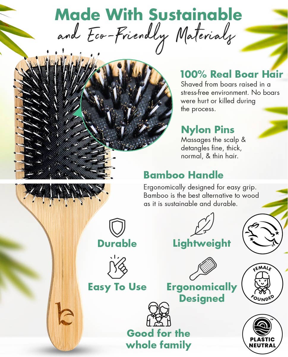 Hair Brush - Paddle Brush with Boar Bristles and Nylon Pins