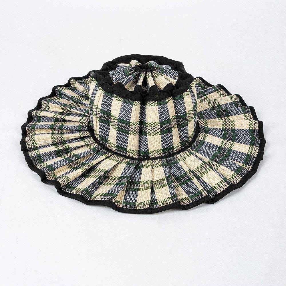 Boho Checkered Straw Hat Roll Up Ruffled Beach Hat: VBlack / M