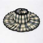 Boho Checkered Straw Hat Roll Up Ruffled Beach Hat: Green / M
