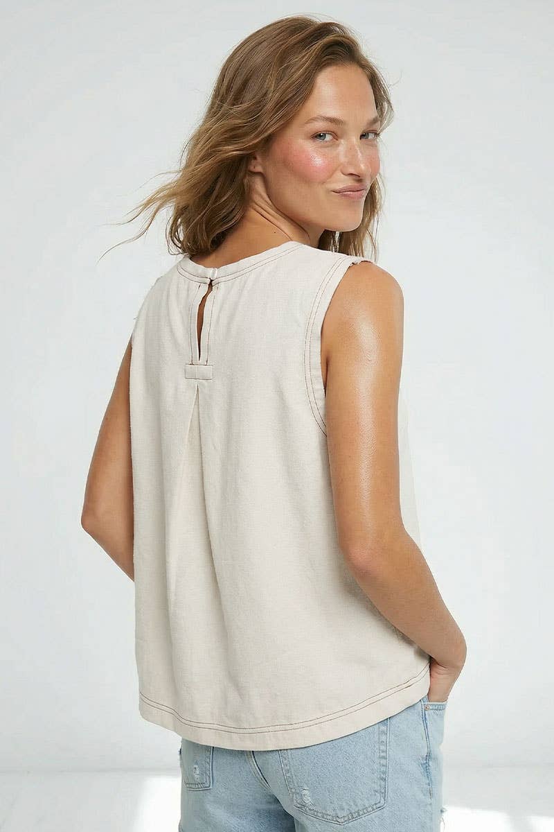 Round Neck Garment Wash Sleeveless Top: Denim / S-M-L(2-2-2)