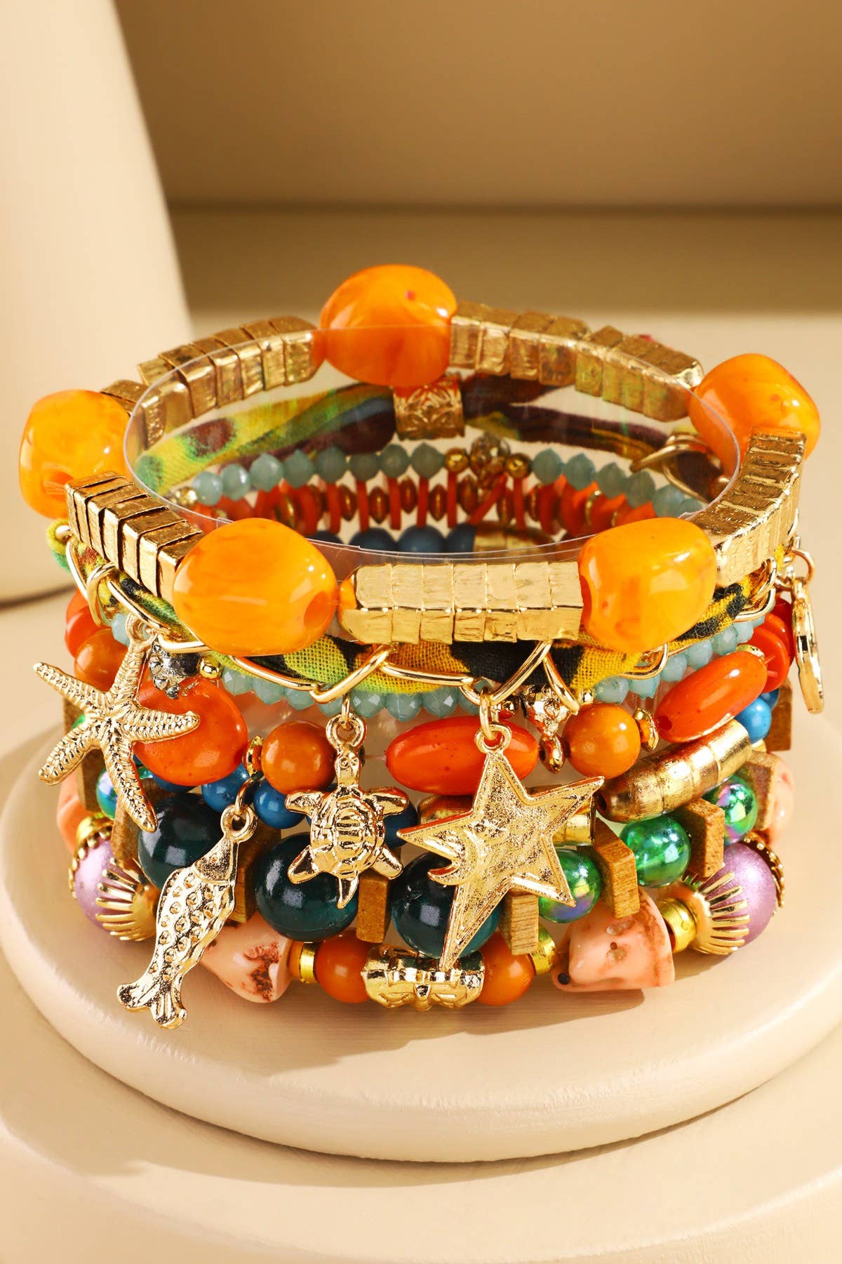 Boho Beaded Charm Stacking Bracelet Set: Golden