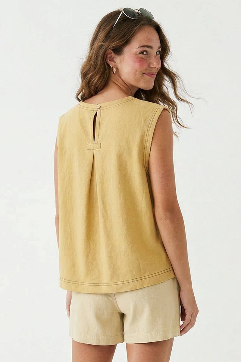 Round Neck Garment Wash Sleeveless Top: Denim / S-M-L(2-2-2)