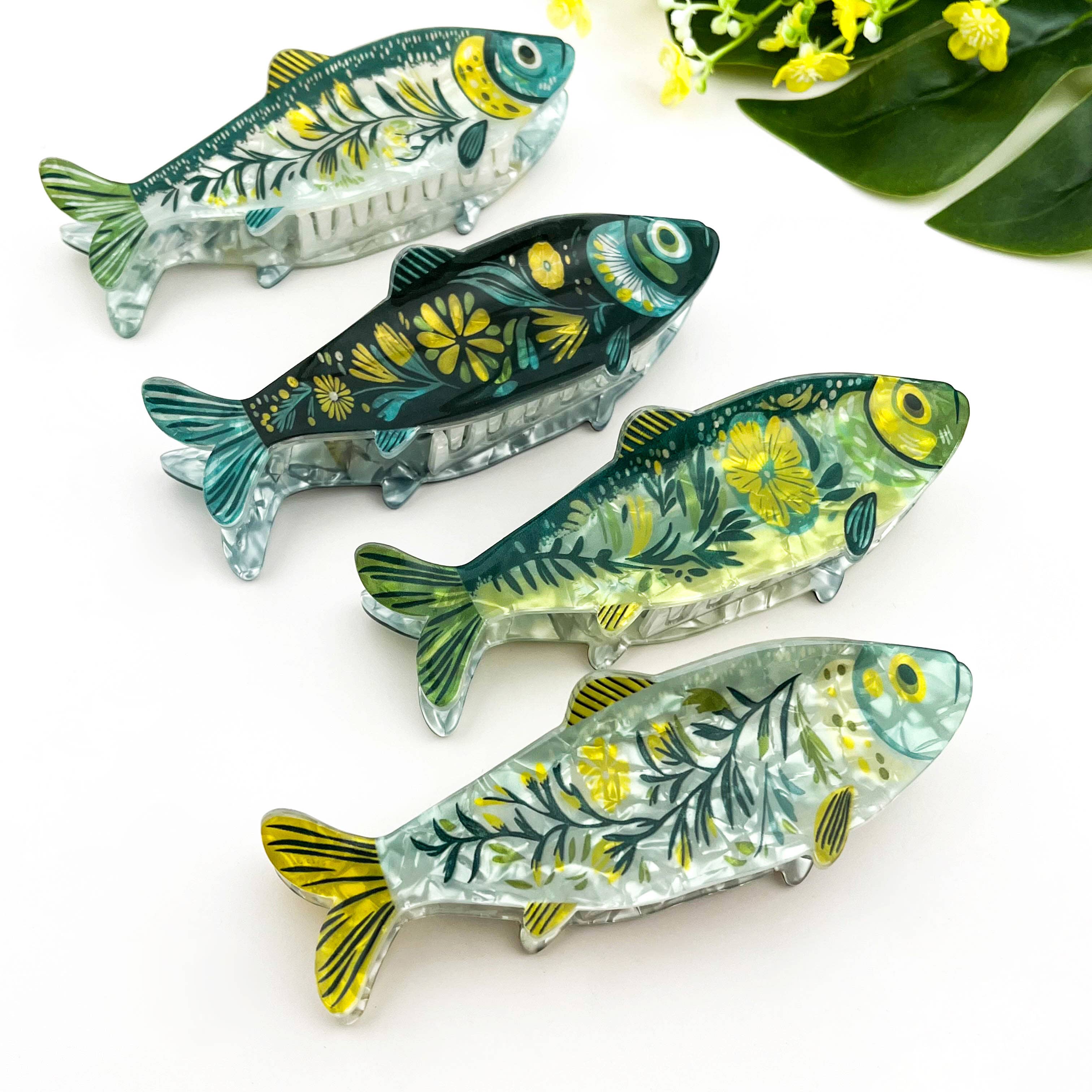 Green Sardine Hair Claw Clip with Seaweed Detail: Blue-A
