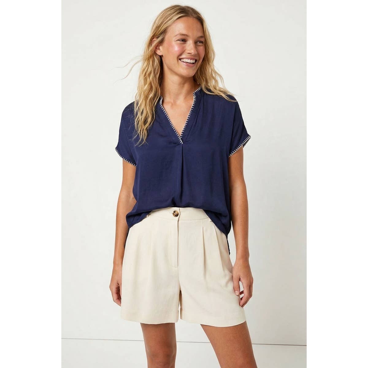 Whipstitch Drop Shoulder Regular Blouse: Navy / L