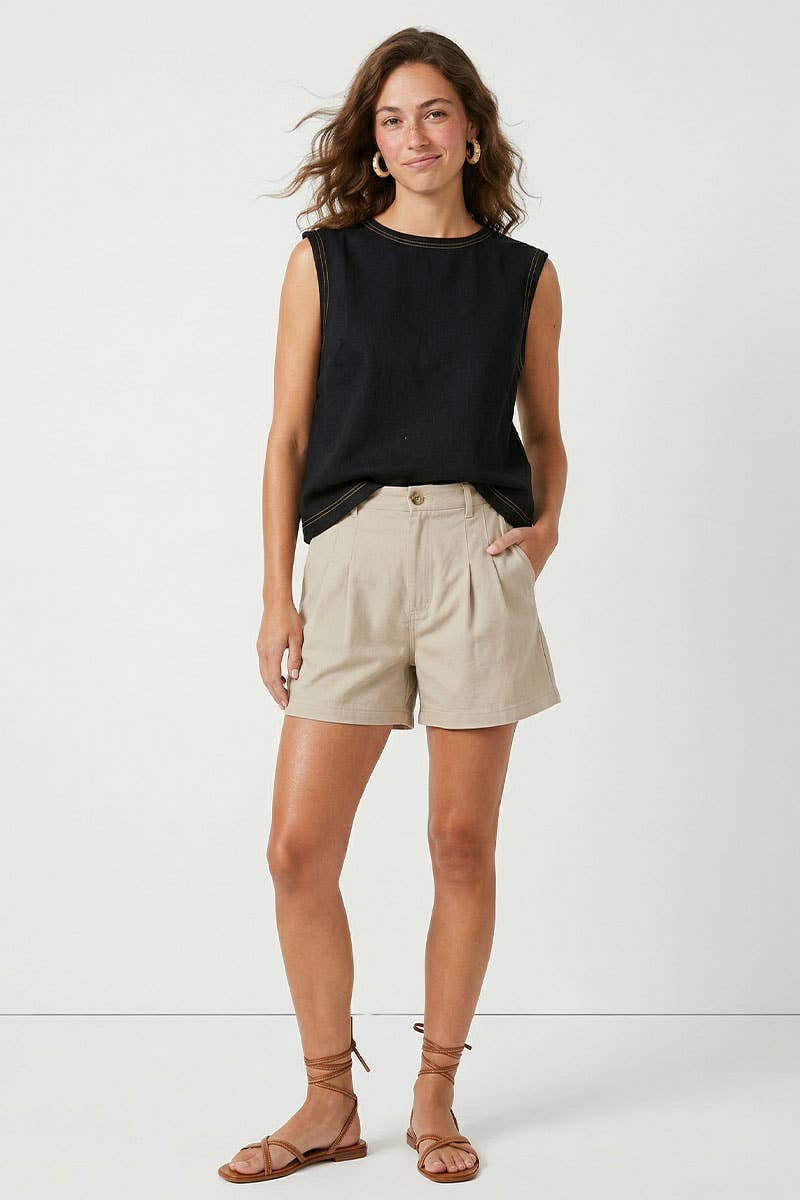 Round Neck Garment Wash Sleeveless Top: Tan / S-M-L(2-2-2)