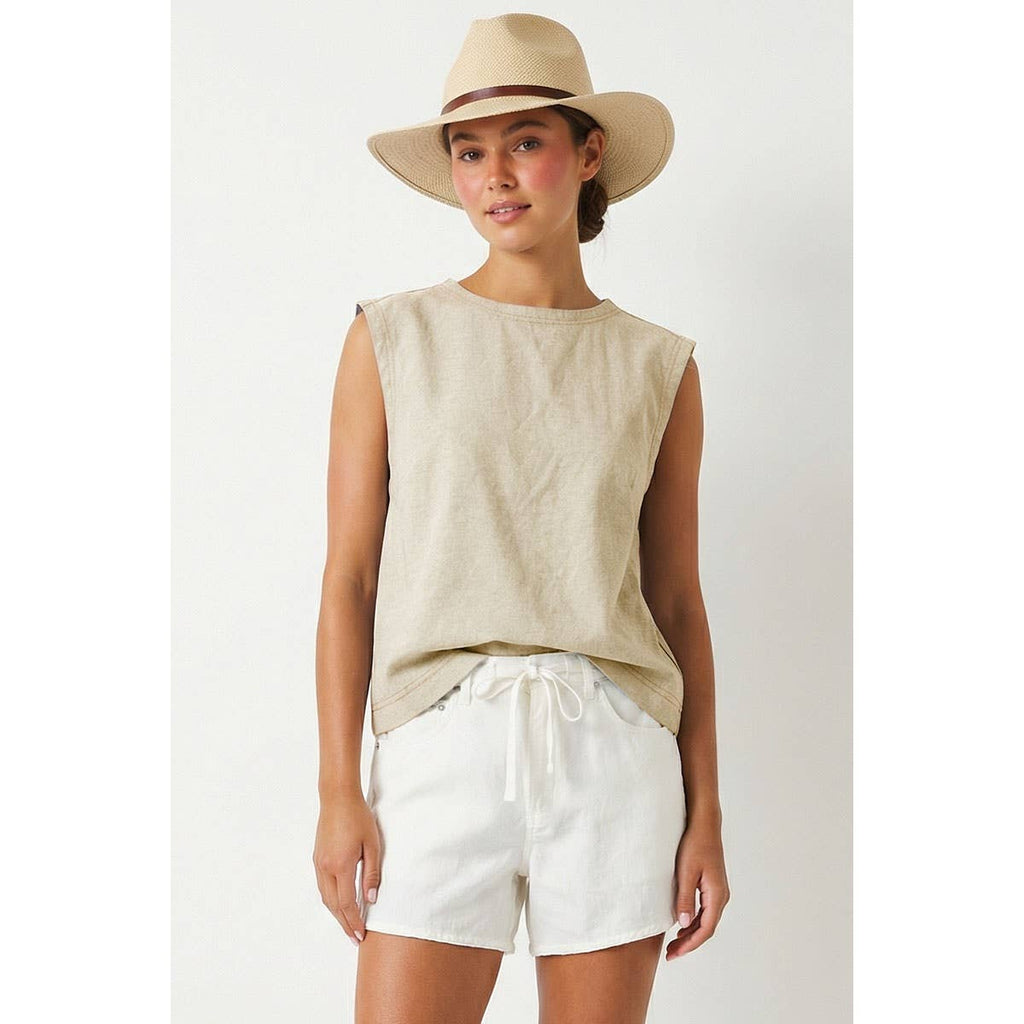 Round Neck Garment Wash Sleeveless Top: Denim / S-M-L(2-2-2)