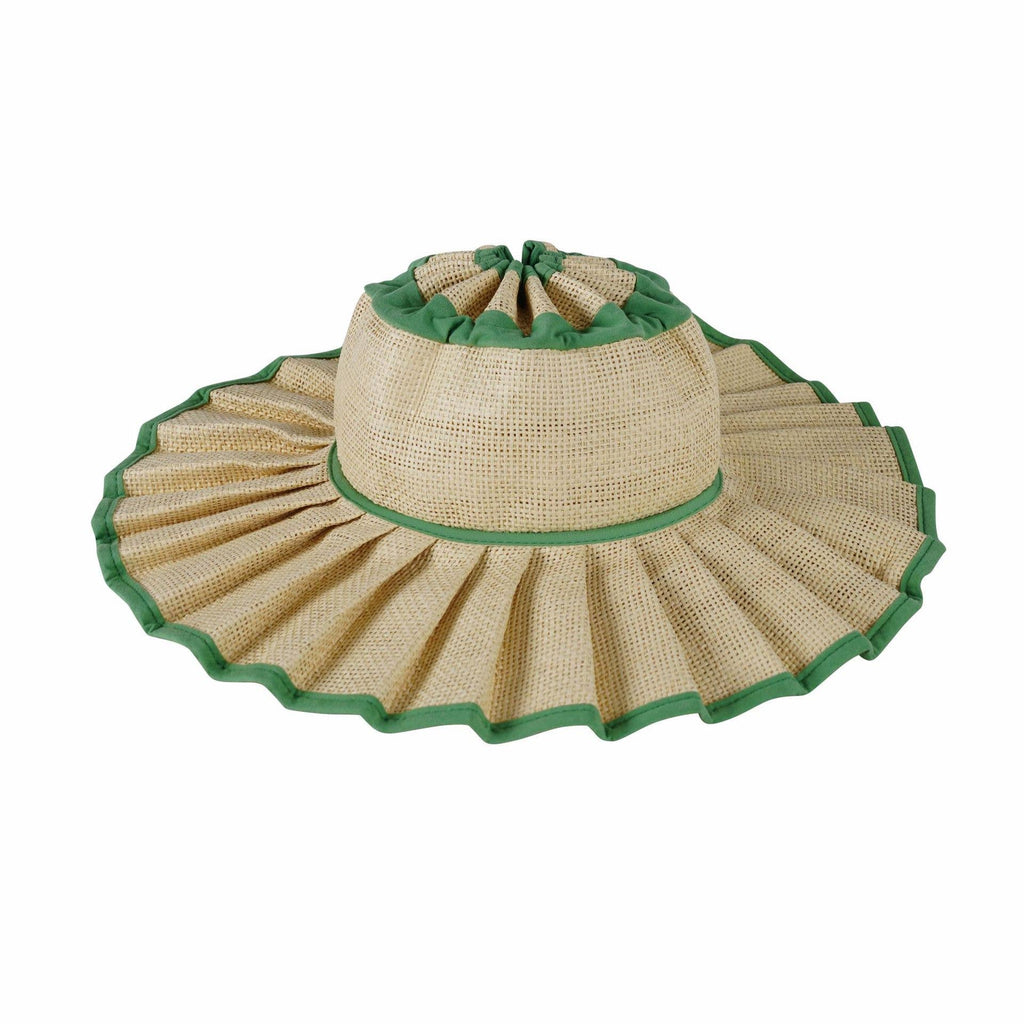 Boho Checkered Straw Hat Roll Up Ruffled Beach Hat: Green / M