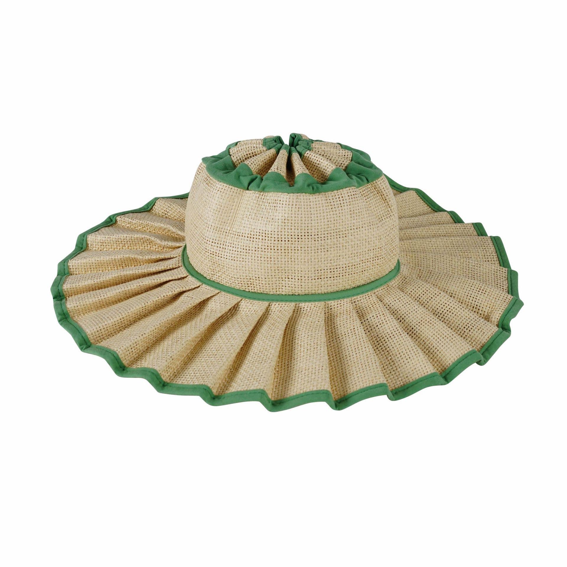 Boho Checkered Straw Hat Roll Up Ruffled Beach Hat: Green / M