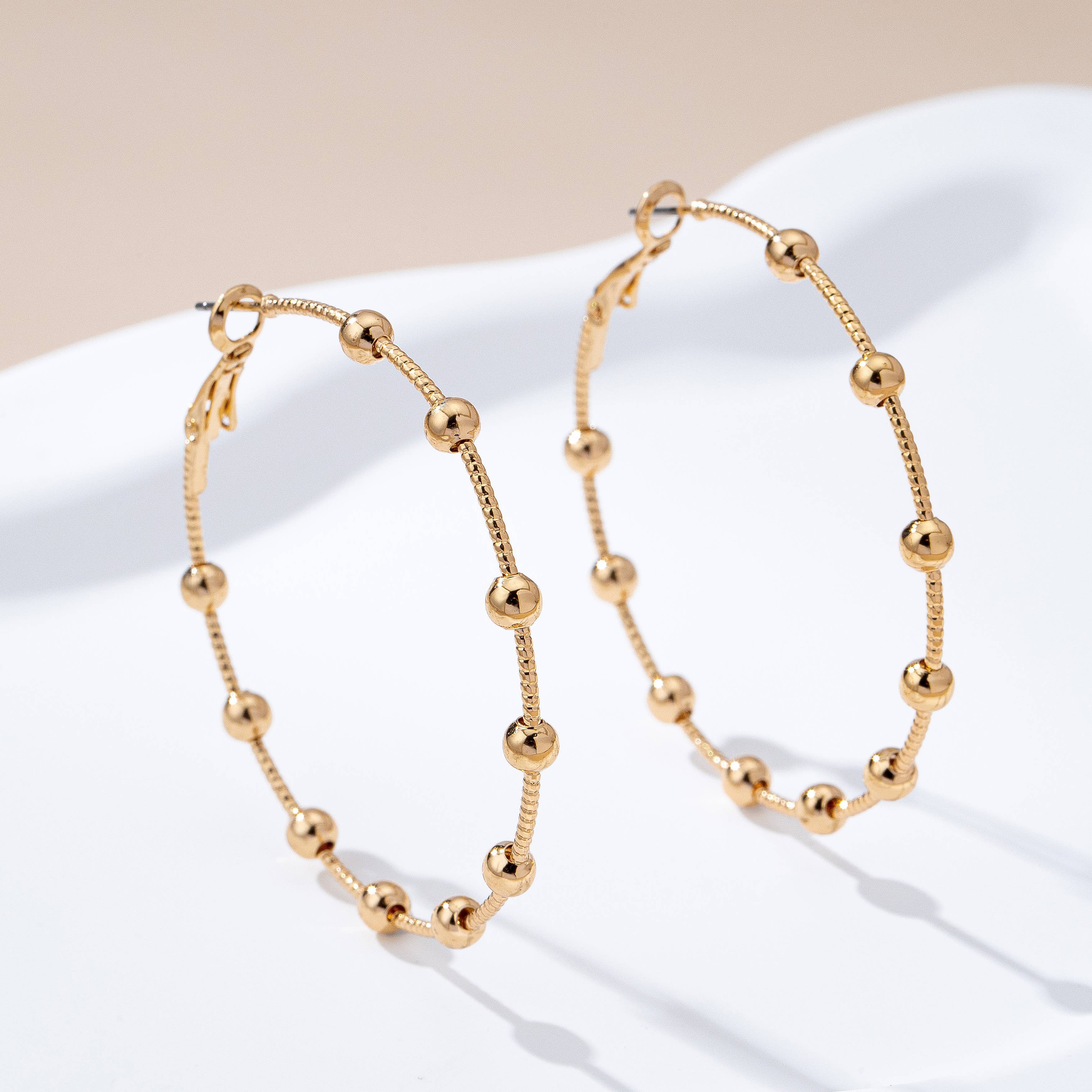 Classic Gold Ball Beaded Station Hoop Earrings