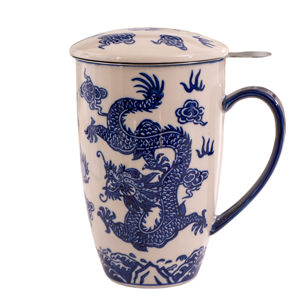 Oriental Ryu Dragon Design 15oz Tea Mugs with Lid and Infuser