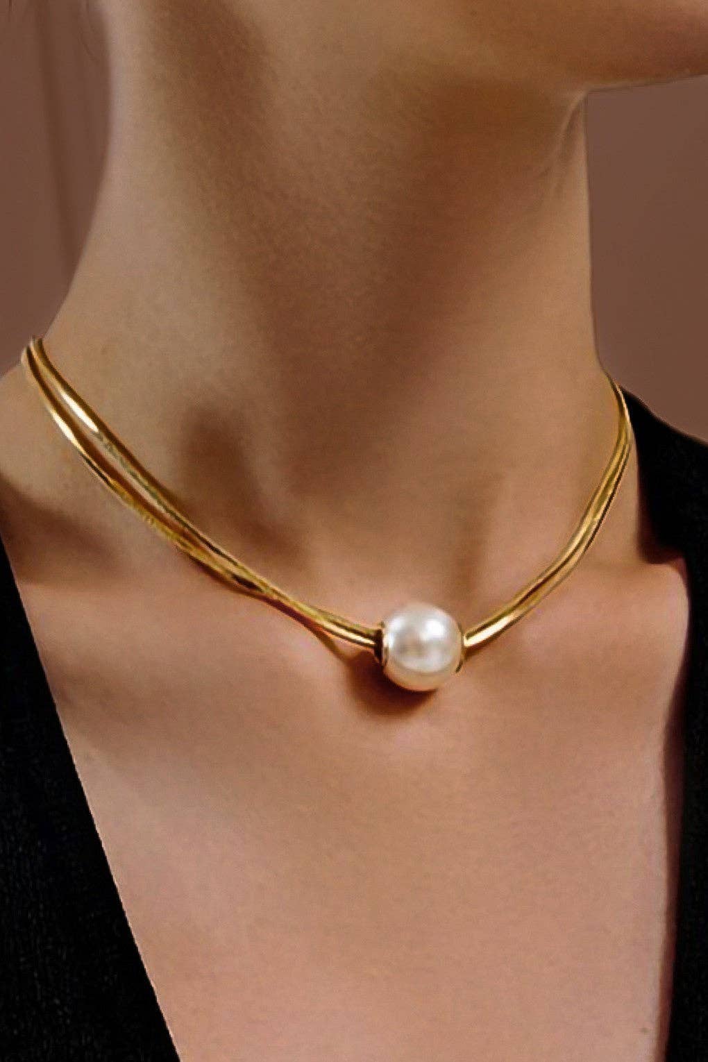 18K Gold Plated Waterproof Stainless Steel Chain Necklace Large Pearl