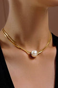 18K Gold Plated Waterproof Stainless Steel Chain Necklace Large Pearl