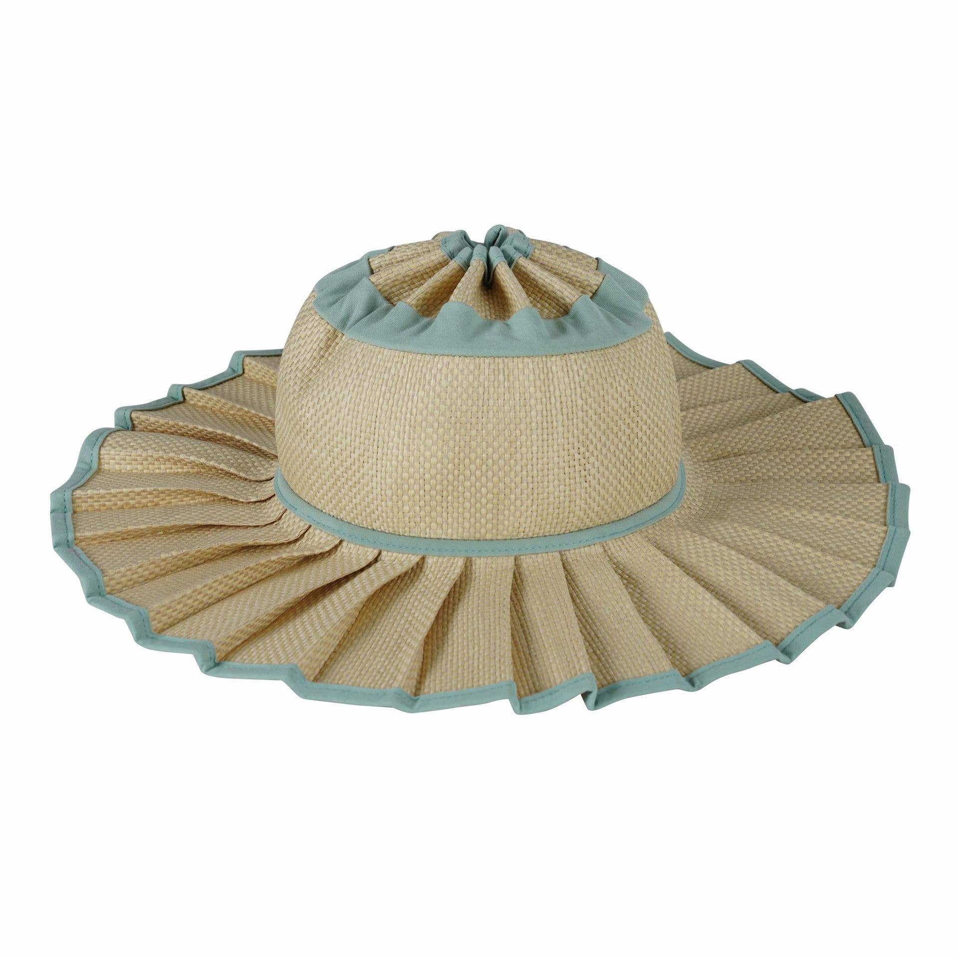 Boho Checkered Straw Hat Roll Up Ruffled Beach Hat: Green / M