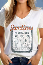 French Sardines Unisex V Neck Tee: White / L / Graphic T-Shirt